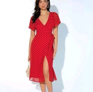 Red white polka-dot wrap dress